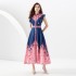 2023 Early Autumn Palace Style Flip Collar Single Front Small Flying Sleeve Printed Long Dress