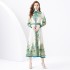 2024 Vacation - Palace style Flip collar Single placket Lantern Sleeve Long Retro Printed Dress