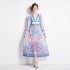 Original in stock | 2024 early spring vacation style temperament design sense V-neck printed long sleeved waist cinching dress