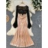 High end socialite dress, 2024 autumn sexy square neck flared sleeve lace patchwork velvet slim fit long dress