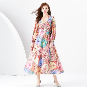 2024 Early Spring - Vacation Wrap V-neck Lantern Sleeve Long Printed Dress