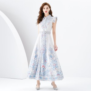 2024 Spring/Summer - Palace style lapel, sleeveless waist, wide skirt, printed long dress