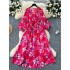 French forest retro floral dress for women in autumn 2024, waist cinched, V-neck, lantern sleeves, slit, large swing, long skirt