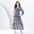 2024 Early Spring - Vacation style V-neck lantern sleeves wave side length retro printed dress two-piece set