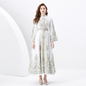 2024 Spring/Summer - Palace style stand up collar flared sleeve single placket printed long lace dress