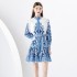 2024 Early Spring - Vacation style stand up collar lantern sleeves wave side length printed dress