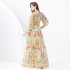 2024 Vacation - Two piece set of countryside style stand up collar lantern sleeves, wavy edge extended long retro printed dress