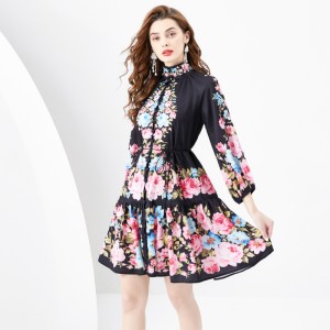 2024 Spring/Summer - Retro painted stand up collar with raglan sleeves and wavy edge printed dress