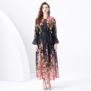 2024 Vacation - Countryside Style V-neck Mushroom Edge Strap Shrink Fold Wide Swing Printed Skirt Set of Four