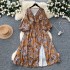 French forest retro floral dress for women in autumn 2024, waist cinched, V-neck, lantern sleeves, slit, large swing, long skirt