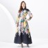 2024 Spring/Summer - Vacation style stand up collar single breasted palace style printed wide swing long dress