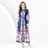 2024 Spring/Summer - Vacation style retro stand up collar single breasted lantern sleeve printed wide swing long dress