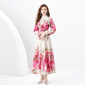 2024 Spring/Summer - Vacation style retro stand up collar single breasted printed wide swing long dress