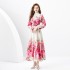 2024 Spring/Summer - Vacation style retro stand up collar single breasted printed wide swing long dress