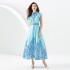 2023 Early Autumn Palace Style Flip Collar Single Front Small Flying Sleeve Printed Long Dress