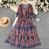 Spring and summer vacation ethnic style printed embroidered square neck dress for women with a waist cinched and pleated A-line loose long skirt