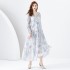 2024 Early Spring - Vacation style V-neck lantern sleeves wave side length retro printed dress two-piece set