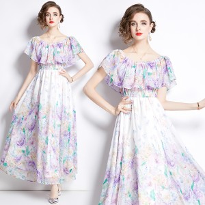 Original shooting | 2024 new ruffled edge one piece collar, waist cinched, big swing beach skirt, split chiffon dress for women