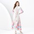 2024 Spring/Summer - Vacation style retro stand up collar single breasted lantern sleeve printed wide swing long dress