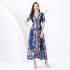 2024 Vacation - Vacation Style Suit Collar Short Sleeve Wide Swing Wave Edge Plant Printed Long Dress