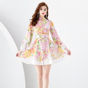 Early Spring 2024- Retro Palace Style Stand up Collar Lantern Sleeve Stand up Cut Waist Wide Swing Printed Short Mini Dress