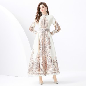 2024 Vacation - Palace style stand up collar lantern sleeve single placket printed long lace dress