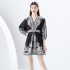 2024 Early Spring - Vacation style V-neck pleated lantern sleeves retro painted printed mini dress