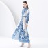 2024 Early Spring - Vacation style stand up collar lantern sleeves wave side length printed dress