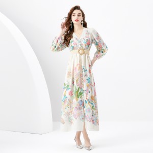 2024 Spring/Summer - Lace Vacation Style V-neck Lantern Sleeve Hundred Fold Printed Long Dress