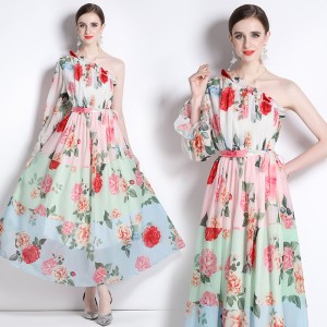 Original photo | 2024 dress new chiffon sloping shoulder beach dress beach vacation super fairy long dress