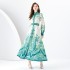 Early Spring 2024- Vintage stand up collar cardigan with wide skirt and lantern sleeves printed long dress