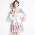 Original in stock | 2024 early spring retro palace style V-neck single breasted lantern sleeve cinched waist slimming dress