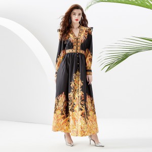 2024- Early Spring Lantern Sleeve V-neck Palace Style Single Front Printed Long Dress