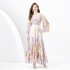 2024 Spring/Summer - Retro Deep V-neck Lantern Sleeve Wave Edge Wide Swing Painted Printed Long Dress