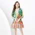 2024 Spring/Summer - Palace style stand up collar lantern sleeves wavy edge mini retro printed dress