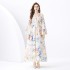 2024 Vacation - Lace V-neck flared sleeve pleated cardigan printed long dress