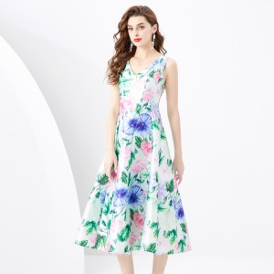 2024 Spring/Summer - Retro Stand cut V-neck Sleeveless Wide Swing Printed Long Dress