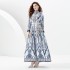 2023 vacation style stand up collar lantern sleeve wave side length printed dress