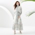 2023 vacation style stand up collar lantern sleeve wave side length printed dress