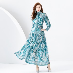 2024 Early Spring - Vacation style stand up collar lantern sleeves wave side length retro printed dress