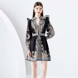 2024 Early Spring - Lantern Sleeve V-neck Retro Printed Short Mini Dress