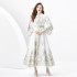 2024 Spring/Summer - Palace style stand up collar flared sleeve single placket printed long lace dress