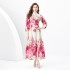 2024 Spring/Summer - Vacation style retro stand up collar single breasted printed wide swing long dress