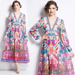 Original in stock | 2024 early spring vacation style temperament design sense V-neck printed long sleeved waist cinching dress