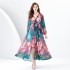 2024 Early Spring - Vacation style V-neck lantern sleeve wavy edge painted long print dress two-piece set