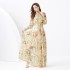 2024 Vacation - Two piece set of countryside style stand up collar lantern sleeves, wavy edge extended long retro printed dress