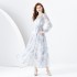 2024 Early Spring - Vacation style V-neck lantern sleeves wave side length retro printed dress two-piece set