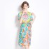 Original in stock | 2024 European and American high-end temperament printed color dress with waist cinching and tie up, slimming dress