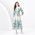 2024 Spring/Summer - Vacation style retro stand up collar single breasted printed wide swing long dress