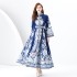 2024 Early Spring - Palace style stand up collar flared sleeve single placket printed long lace dress